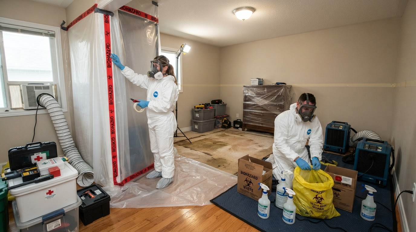 Representative neutral cleanup preparation area in a Cape Coral property with protective barriers and PPE before biohazard cleanup