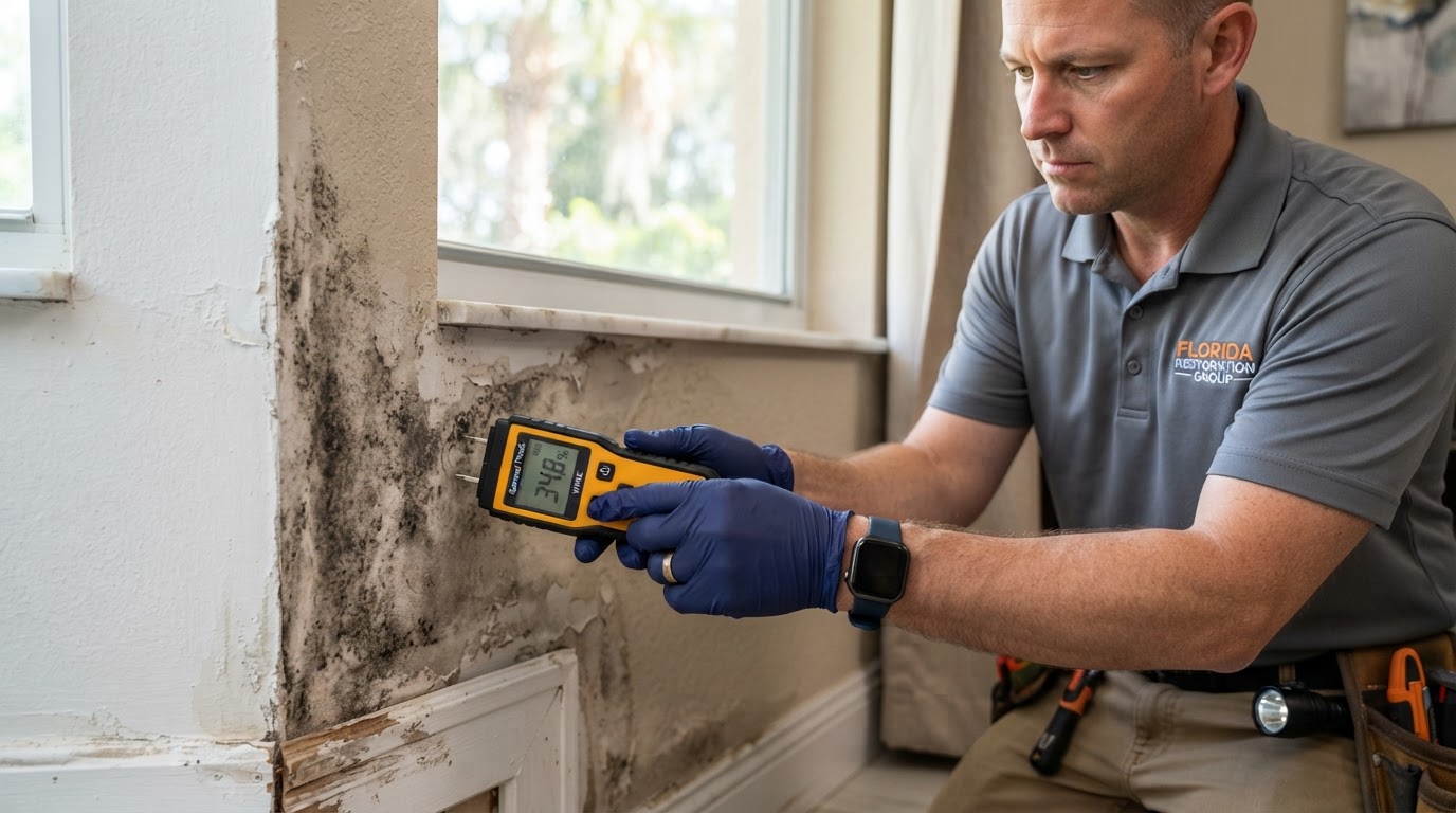 Professional inspection of dark mold-like discoloration on moisture-damaged drywall near a window using a moisture meter