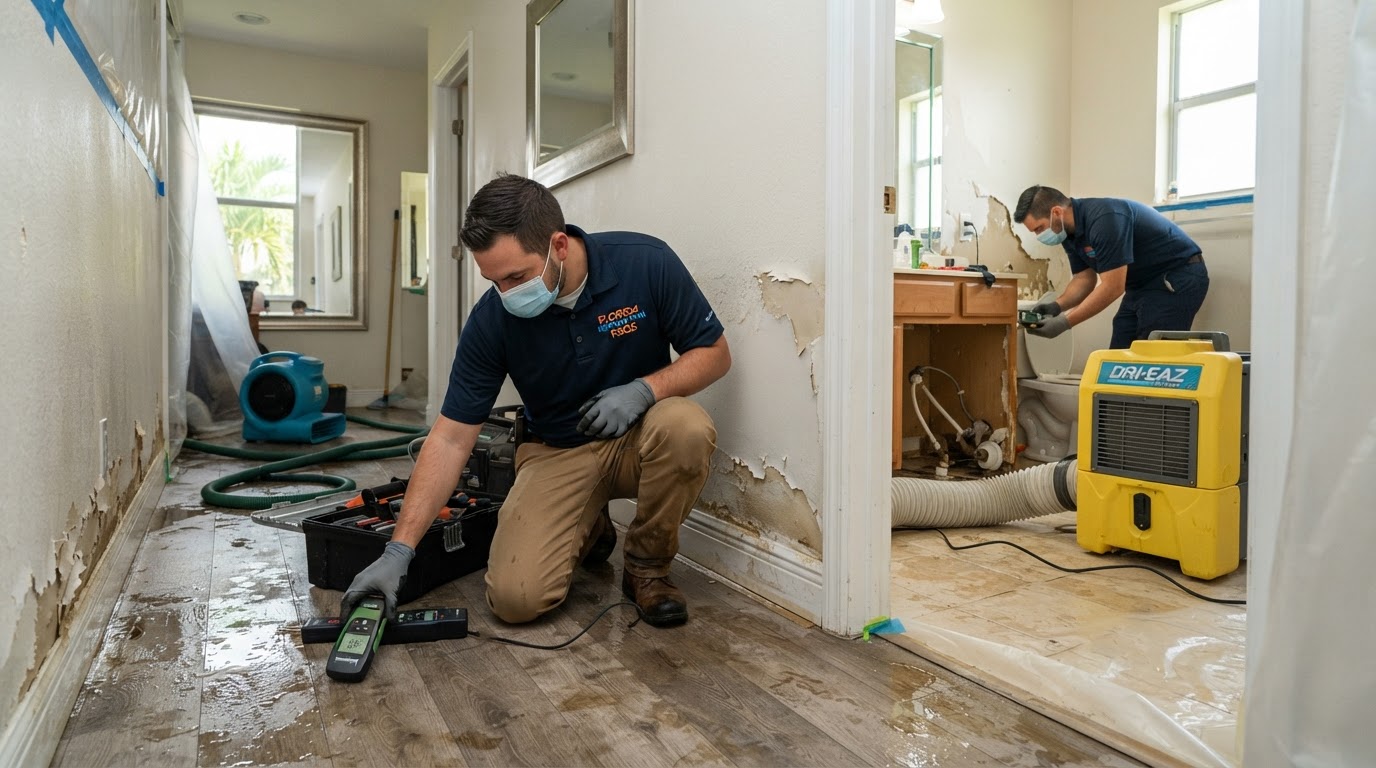 Residential plumbing leak restoration in a Deep Creek Florida home with water-damaged drywall and wet flooring being assessed with professional moisture meters, industrial dehumidifier running