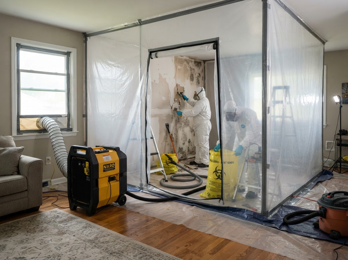 Professional mold remediation work inside a moisture-damaged residential interior