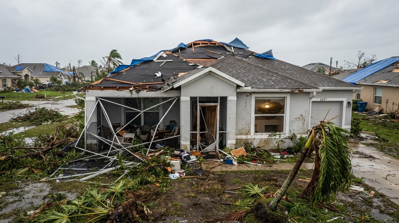Representative Florida residential property in Cape Coral with roof damage and storm water intrusion before hurricane restoration