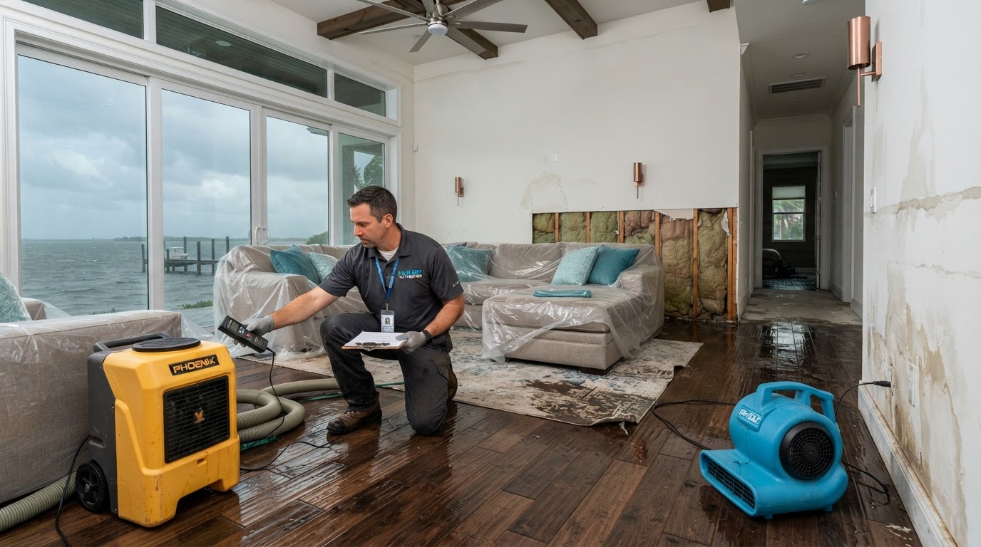 Coastal flood damage assessment in a Placida waterfront home interior with a restoration technician evaluating water-stained walls and damp flooring after storm intrusion and drying equipment visible