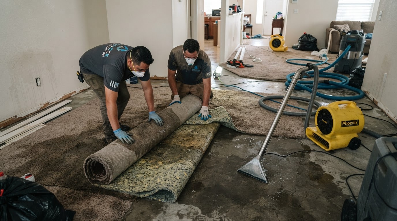 Water-damaged residential carpet and padding being rolled up and removed after flooding, with a wet-vac extraction wand and air mover set up for professional water damage cleanup