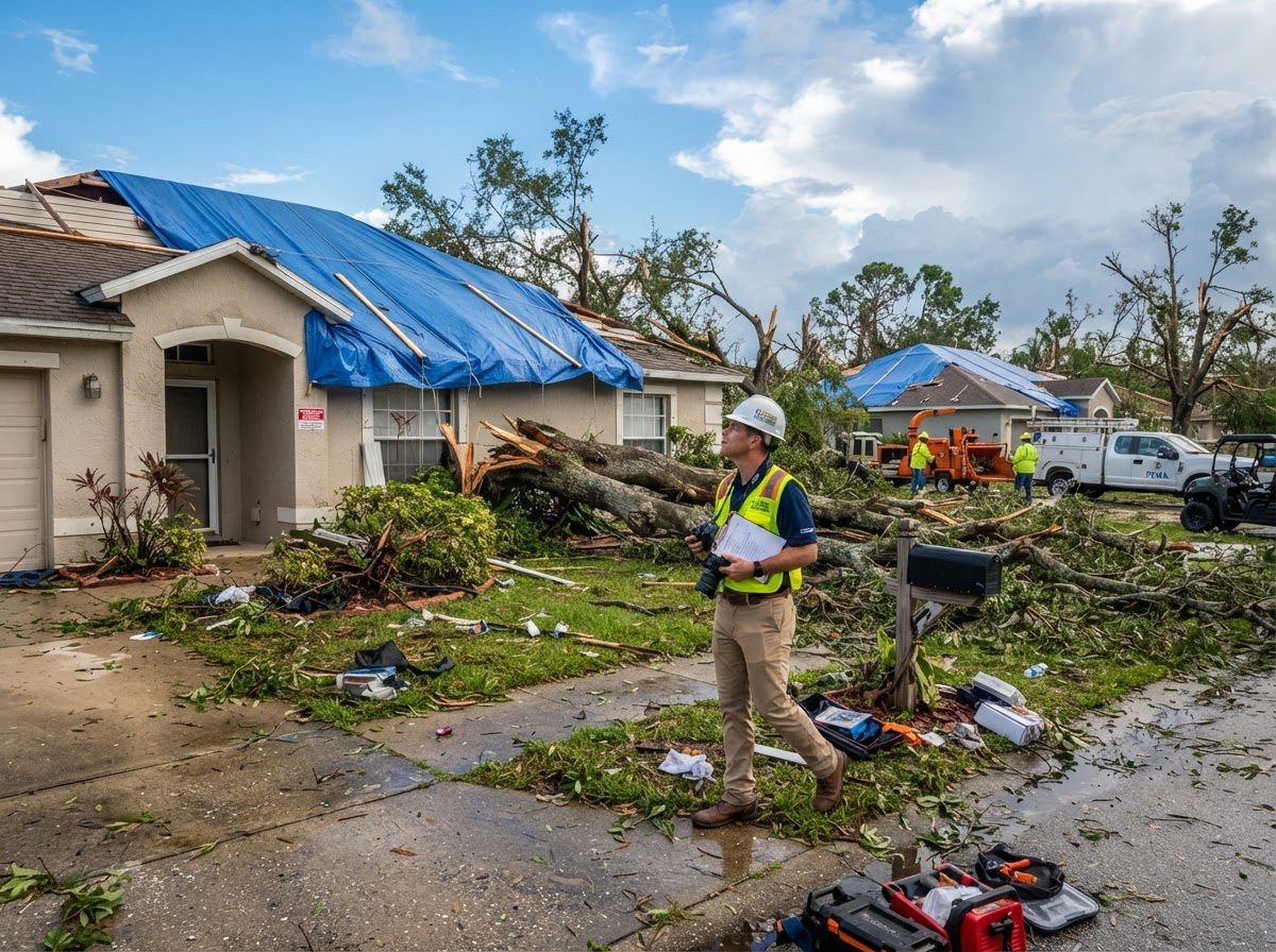 Professional hurricane and storm damage assessment at a Florida residential property