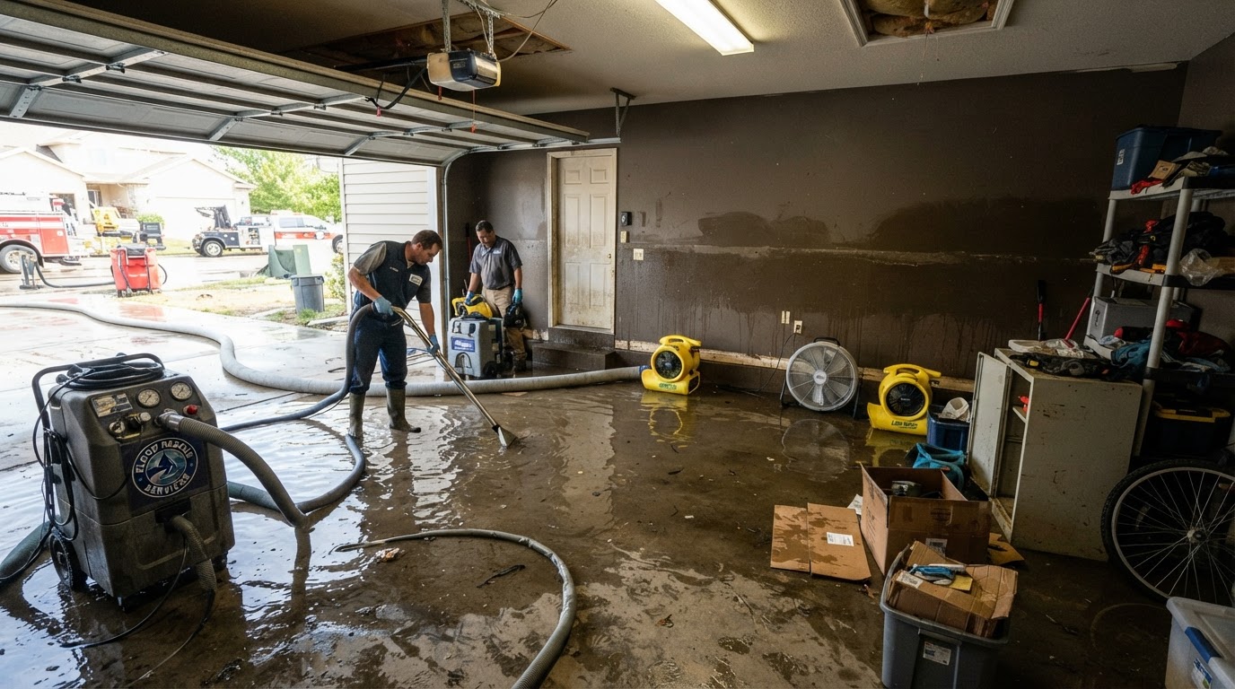 Flooded attached residential garage after storm flooding, standing water on concrete floor, wet drywall on the shared house wall, water extraction equipment and air movers set up for professional flood cleanup