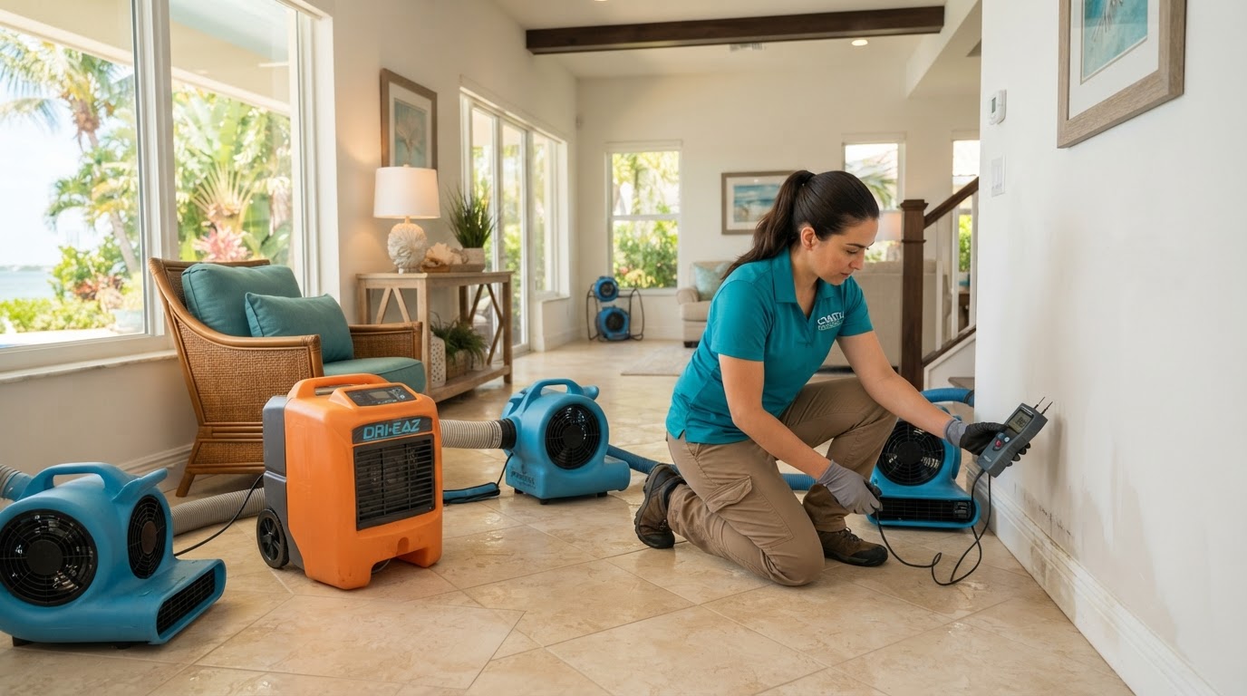 Residential water extraction and structural drying in a Grove City single-family home interior with air movers and a dehumidifier on tile flooring and a technician using a moisture meter on drywall