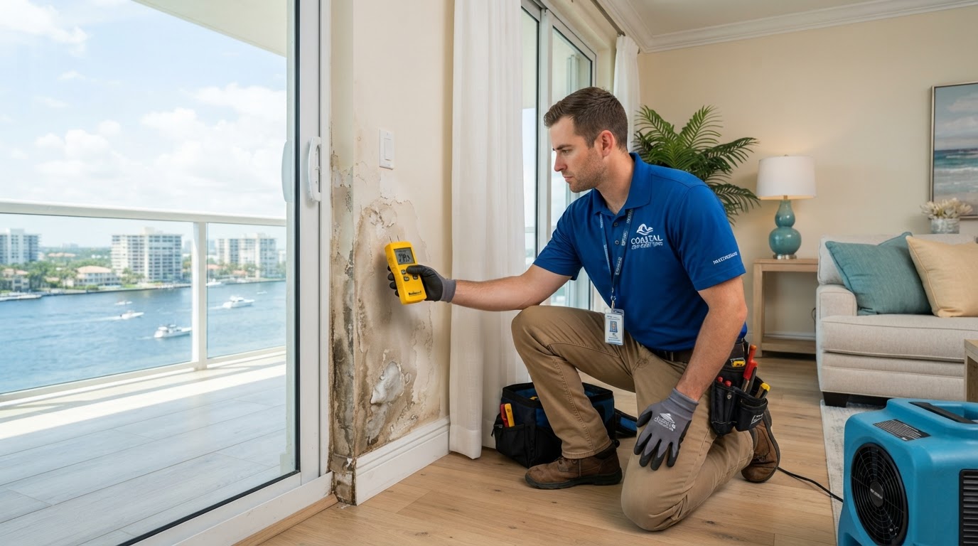 Water damage restoration in a Venice condominium or residential interior with a restoration technician assessing water-stained drywall and using a moisture meter near a sliding glass door