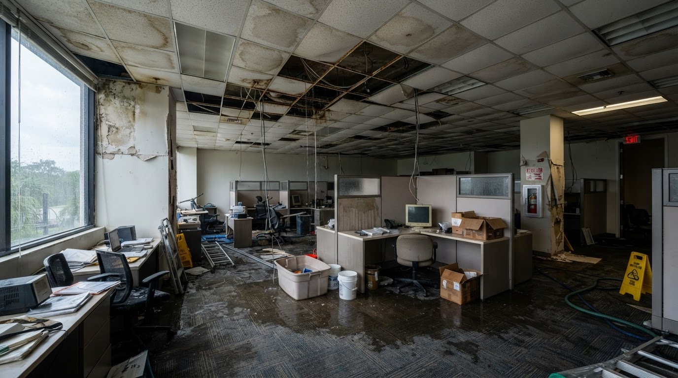 Representative commercial office interior near Cape Coral with wet flooring and ceiling water staining before commercial water restoration