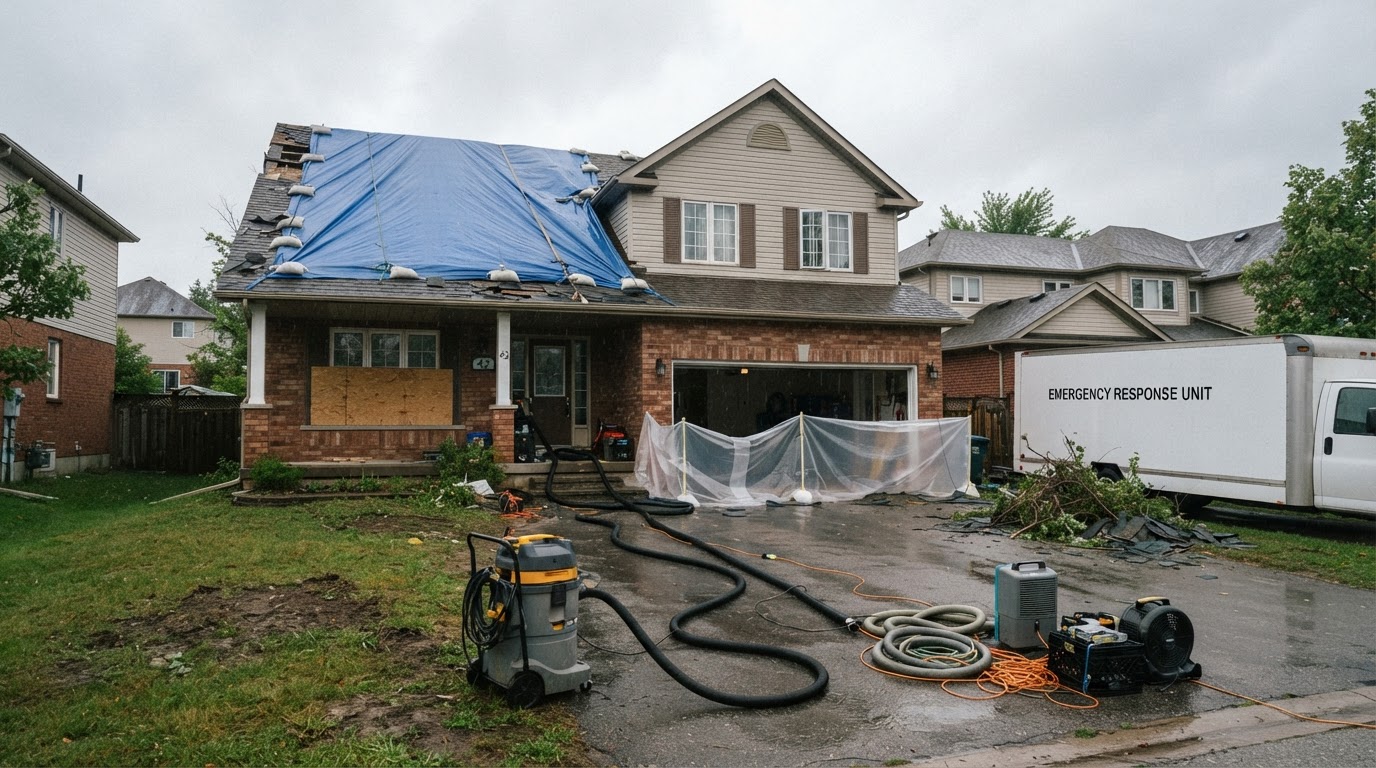 Emergency property stabilization after storm damage with roof tarping over a damaged roof, wet-vac water extraction equipment, and containment barriers staged at a residential property during professional disaster response