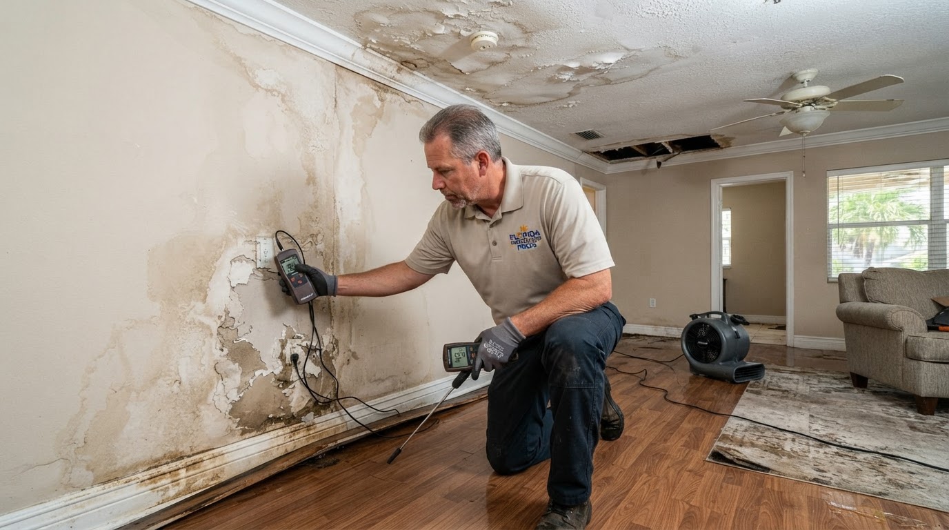 Water damage in a Charlotte Park Florida single-family home interior with ceiling water stains and damaged drywall being assessed with professional moisture detection equipment