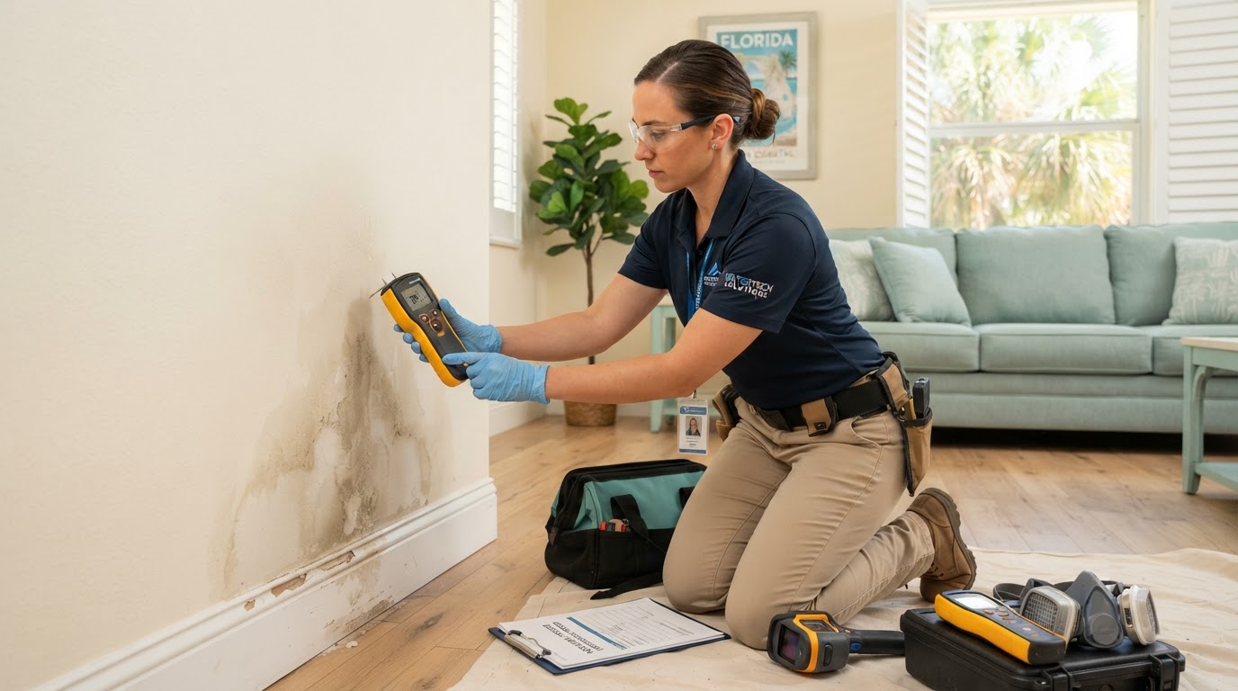 Residential water damage inspection and moisture assessment in a Warm Mineral Springs area home with a technician using a moisture meter on a water-stained wall