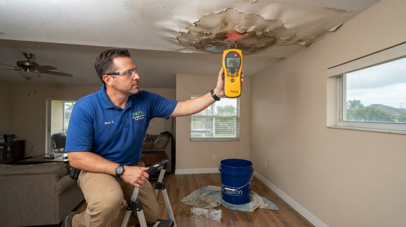 Storm-damaged residential roof in the Burnt Store area with interior ceiling water leak being assessed by a professional using a moisture meter on water-stained drywall