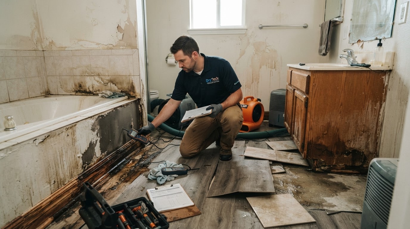 Bathroom with water damage from a plumbing leak, loose floor tiles, swollen baseboards, damp drywall and staining around the tub and vanity during professional water damage restoration assessment
