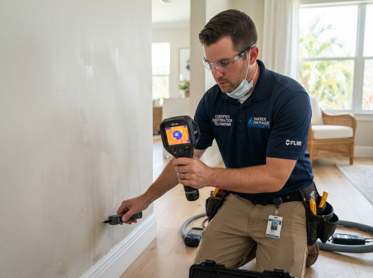 Restoration technician using thermal imaging camera to detect moisture behind drywall in a Florida home