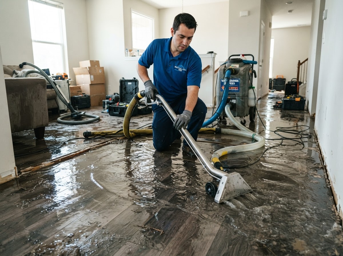 Professional water extraction equipment removing standing water from an interior floor