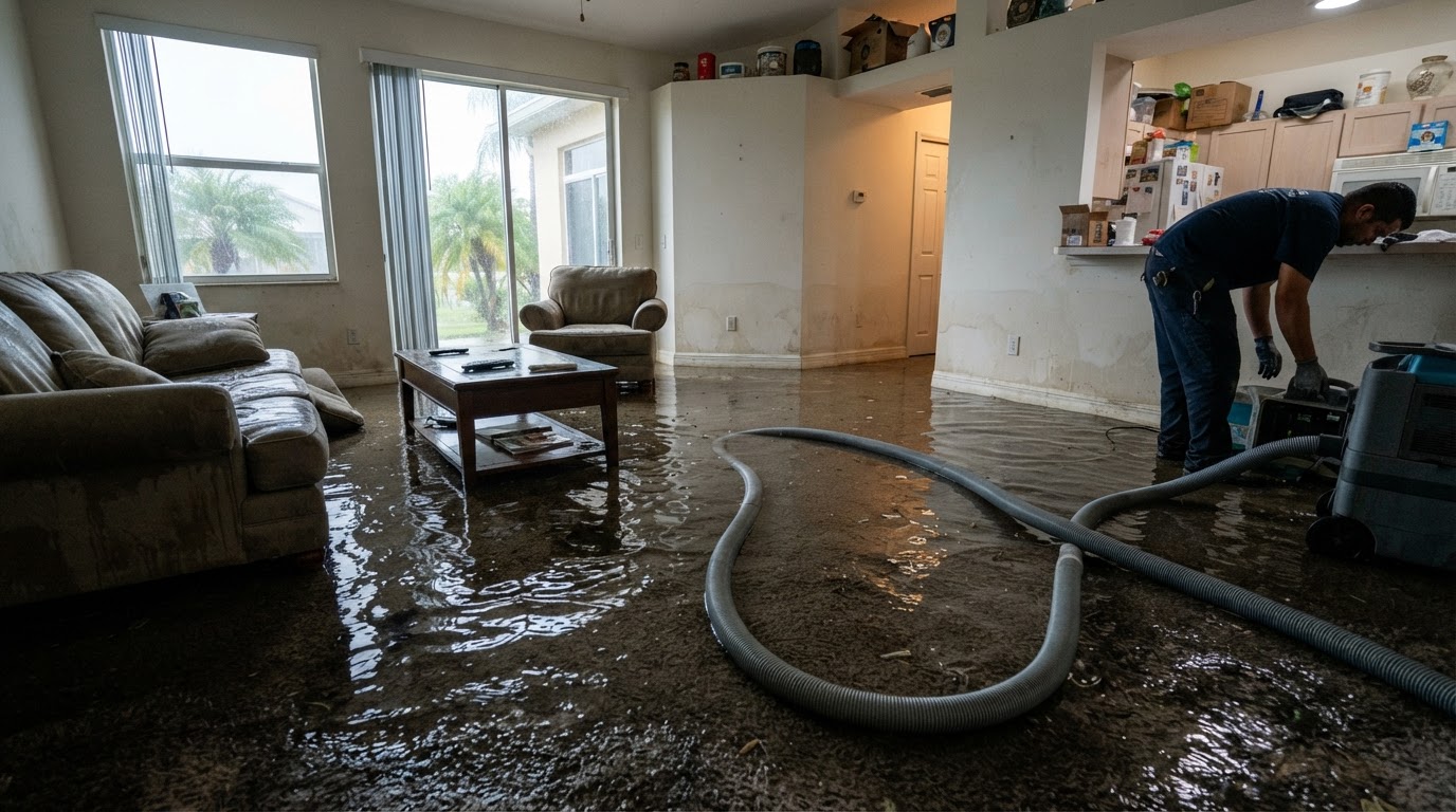 Representative interior in Cape Coral with shallow standing water on the floor before water extraction