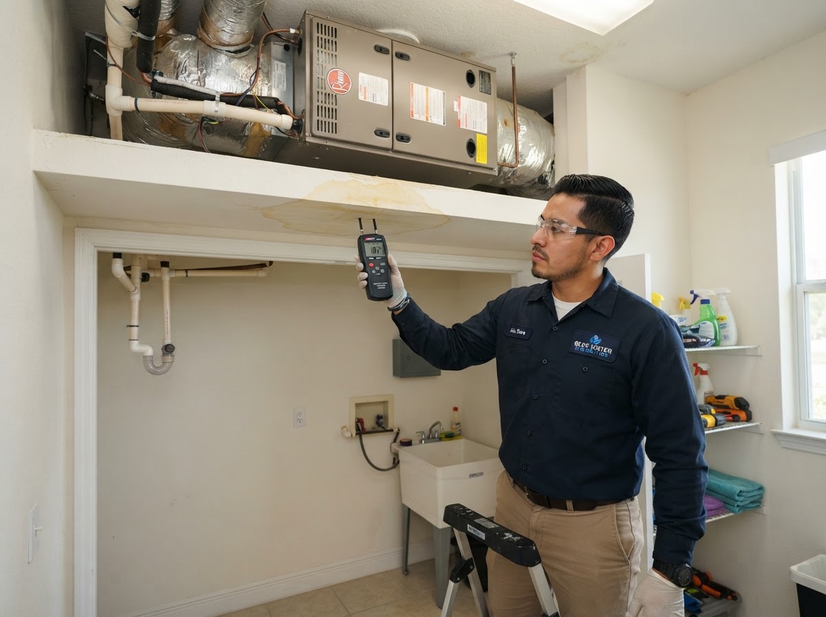 Professional restoration technician assessing water staining and discoloration on the drywall ceiling beneath an indoor air handler unit with a moisture meter