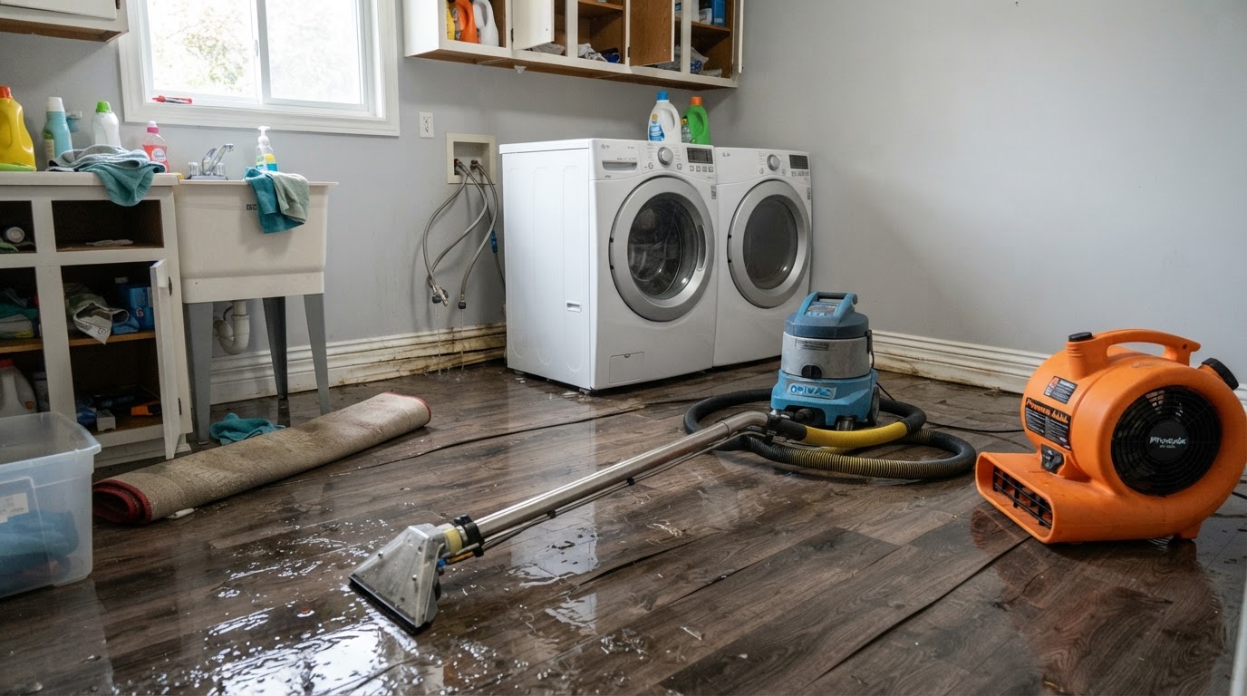 Residential kitchen floor with pooled water from a dishwasher leak spreading beneath cabinetry and along baseboards, with a wet-vac and air mover set up for professional water damage cleanup
