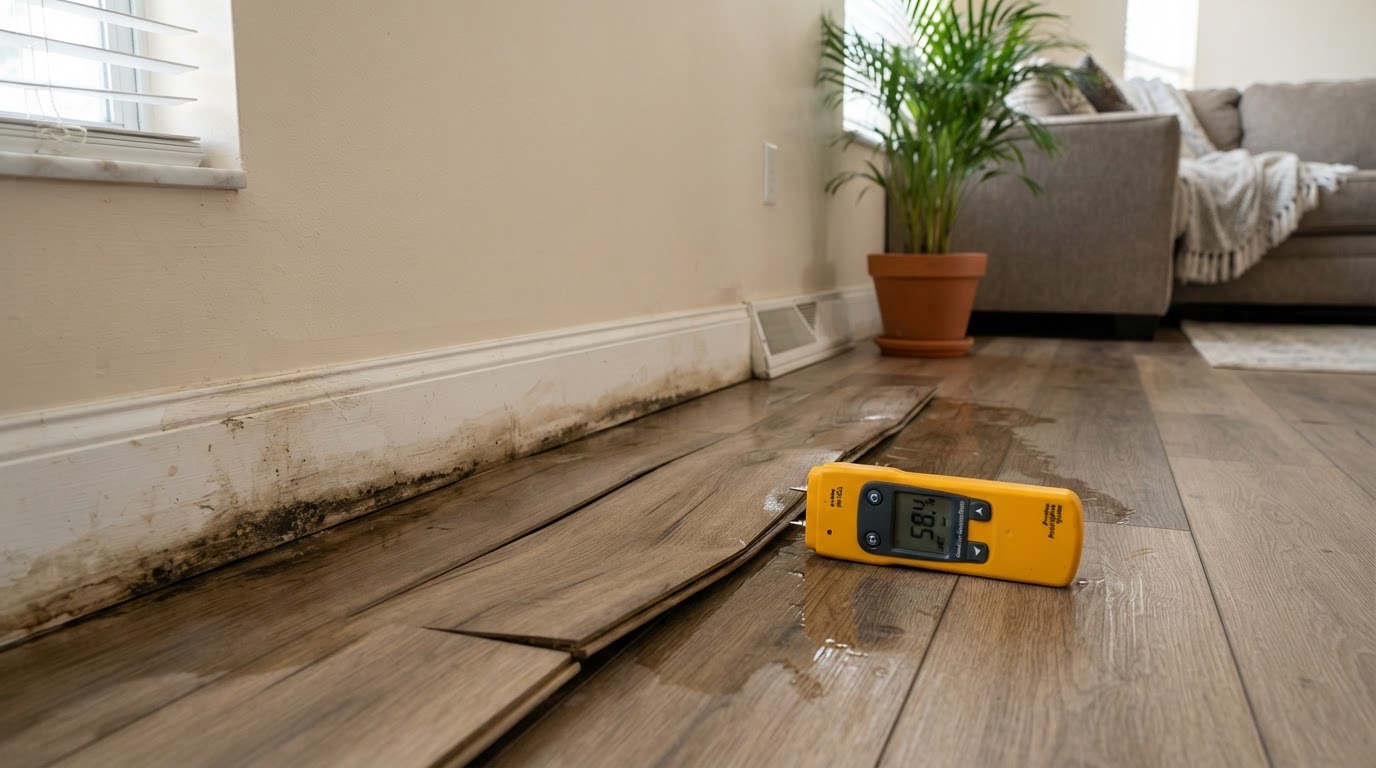 Vinyl plank flooring warped and discolored by moisture from a suspected under-slab plumbing leak, with a moisture meter on the floor