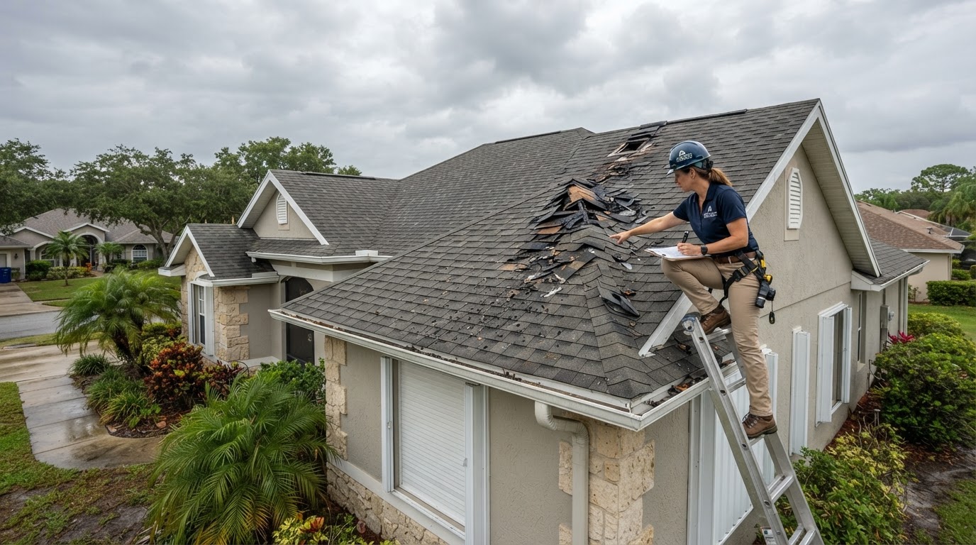 Florida residential roof and exterior showing storm damage assessment after a suspected lightning strike