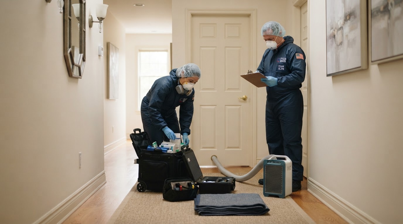 Discreet residential hallway with a closed interior doorway where a specialist team is preparing for sensitive property cleanup