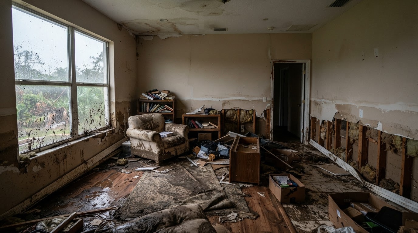 Representative interior room in Cape Coral with floodwater residue, mud, and debris on the floor before flood cleanup