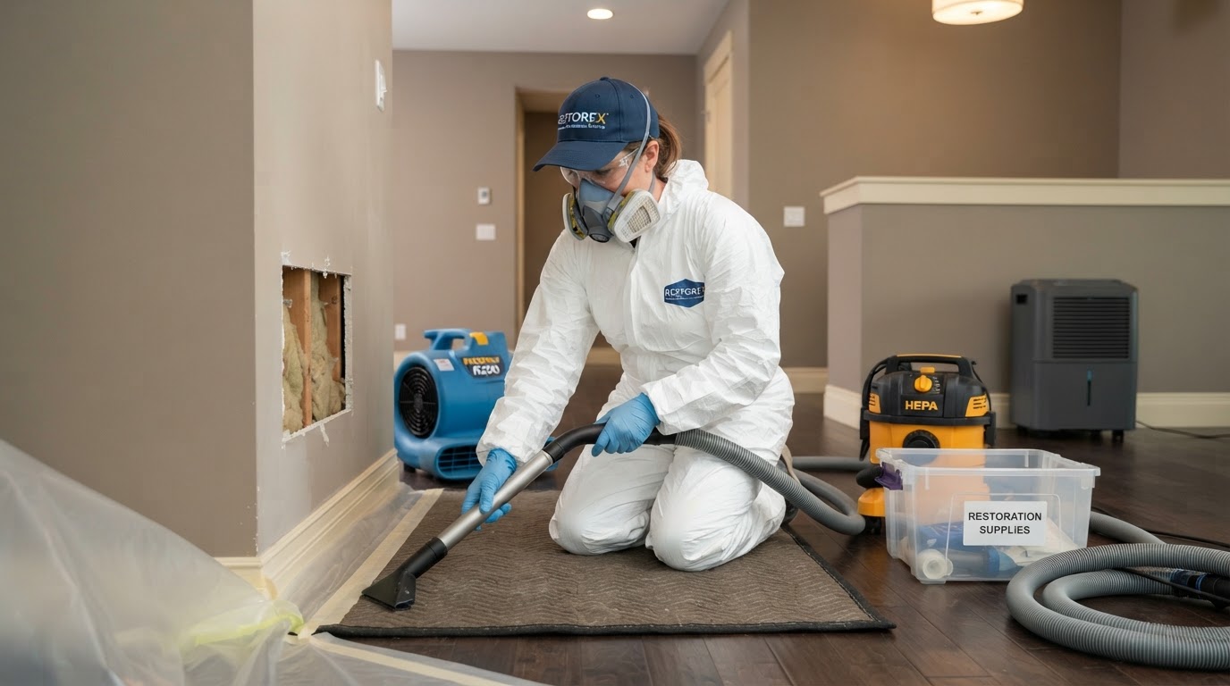 Neutral professional cleanup setting with a specialist wearing protective equipment working carefully in a controlled interior workspace