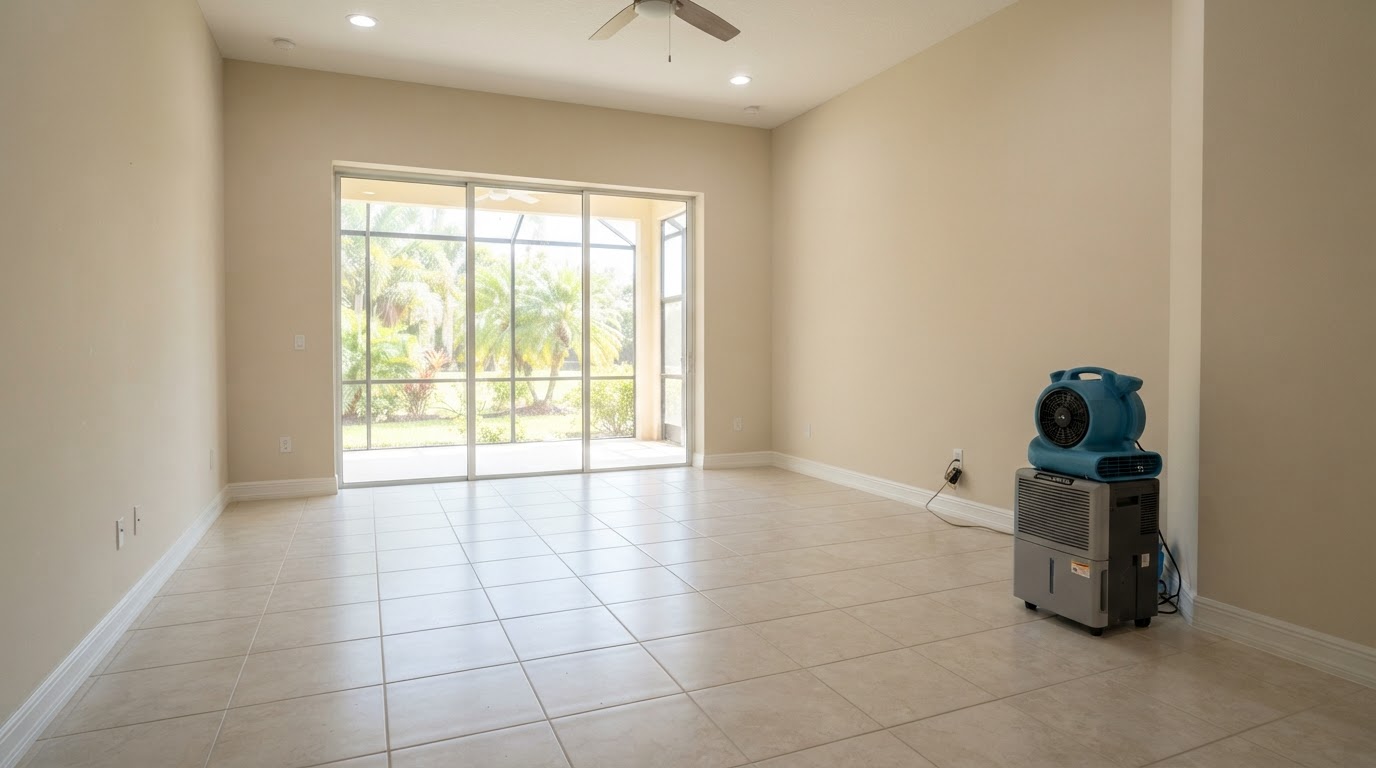 Representative same interior in Englewood after structural drying with dry exposed wall surfaces and equipment staged