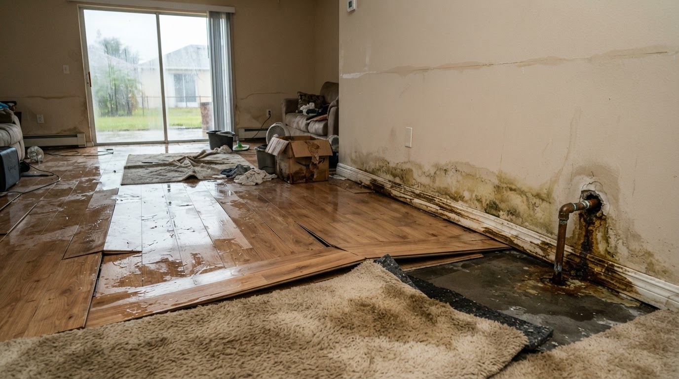 Representative interior room in Cape Coral with water-damaged flooring, stained drywall, and swollen baseboards before restoration