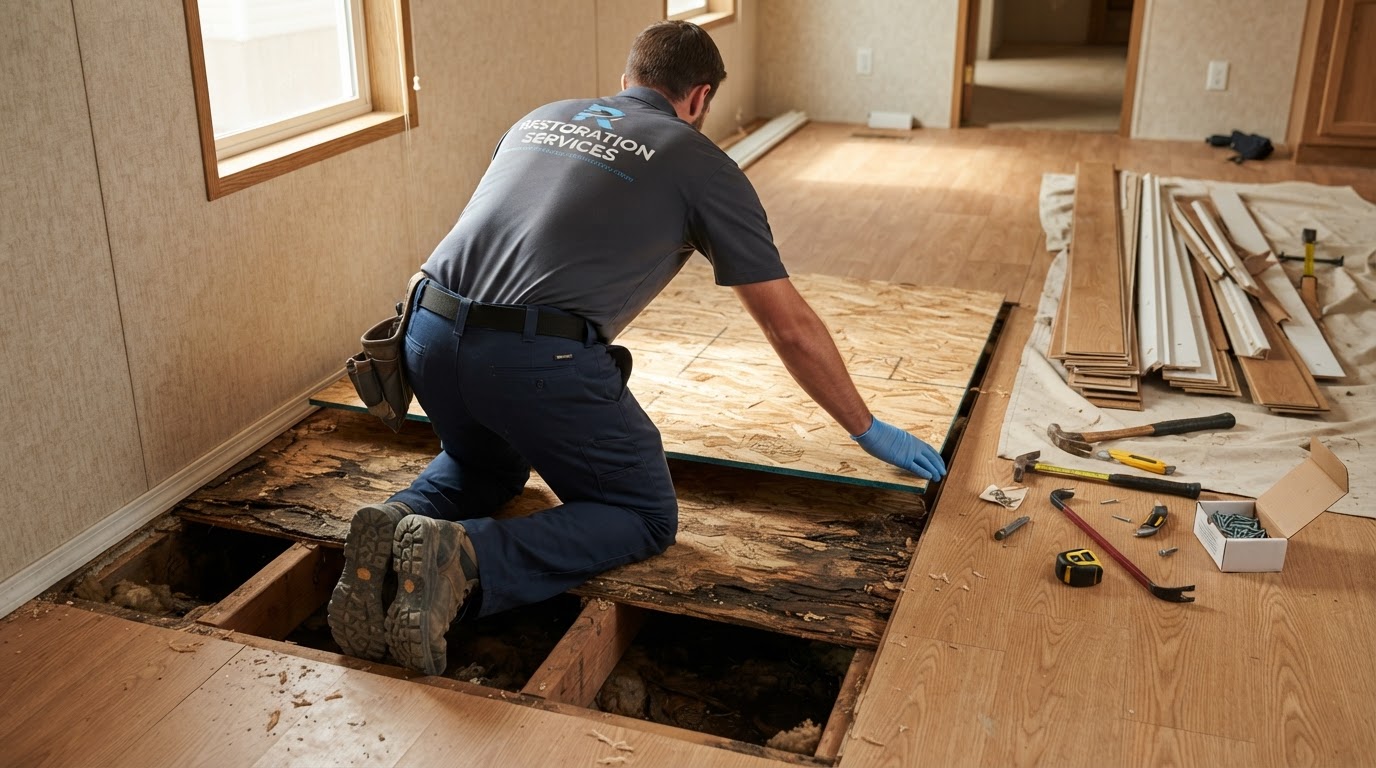 Professional restoration worker replacing an exposed section of water-damaged manufactured home subfloor after moisture damage