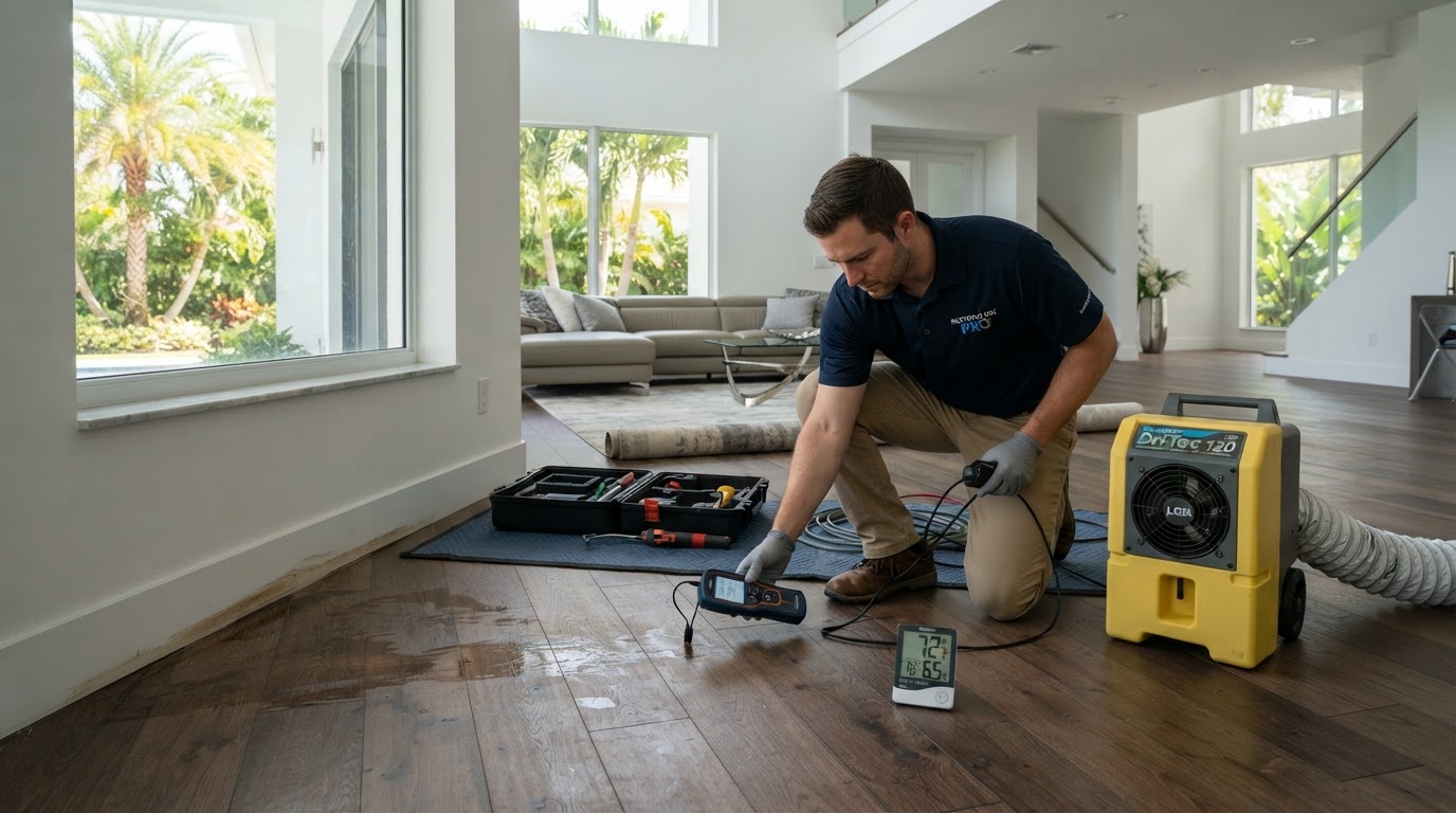 Modern Babcock Ranch residential home interior with professional water damage assessment underway, moisture evaluation equipment on hardwood flooring and a dehumidifier running