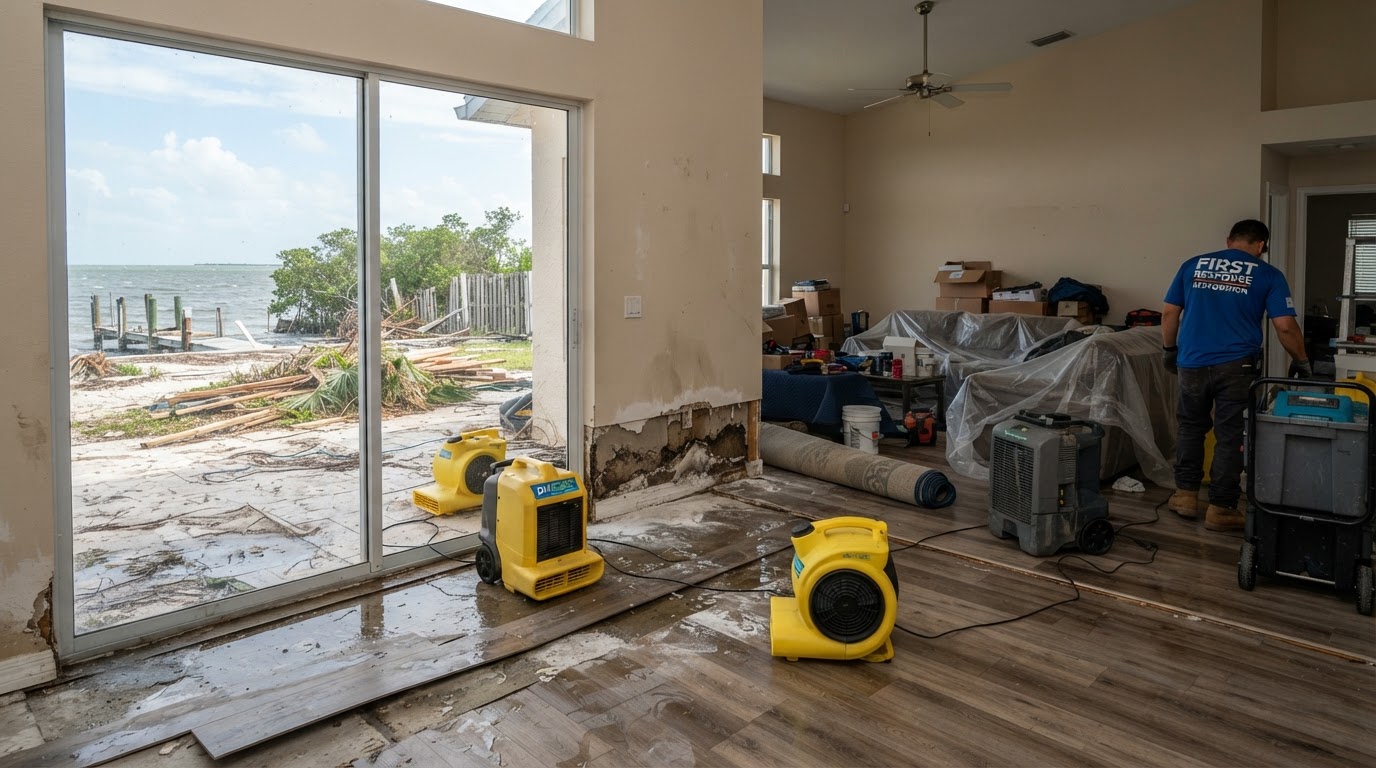 Hurricane-damaged Florida property with storm debris, water intrusion staining near a sliding glass door, and a clipboard checklist used during post-storm damage assessment and recovery planning