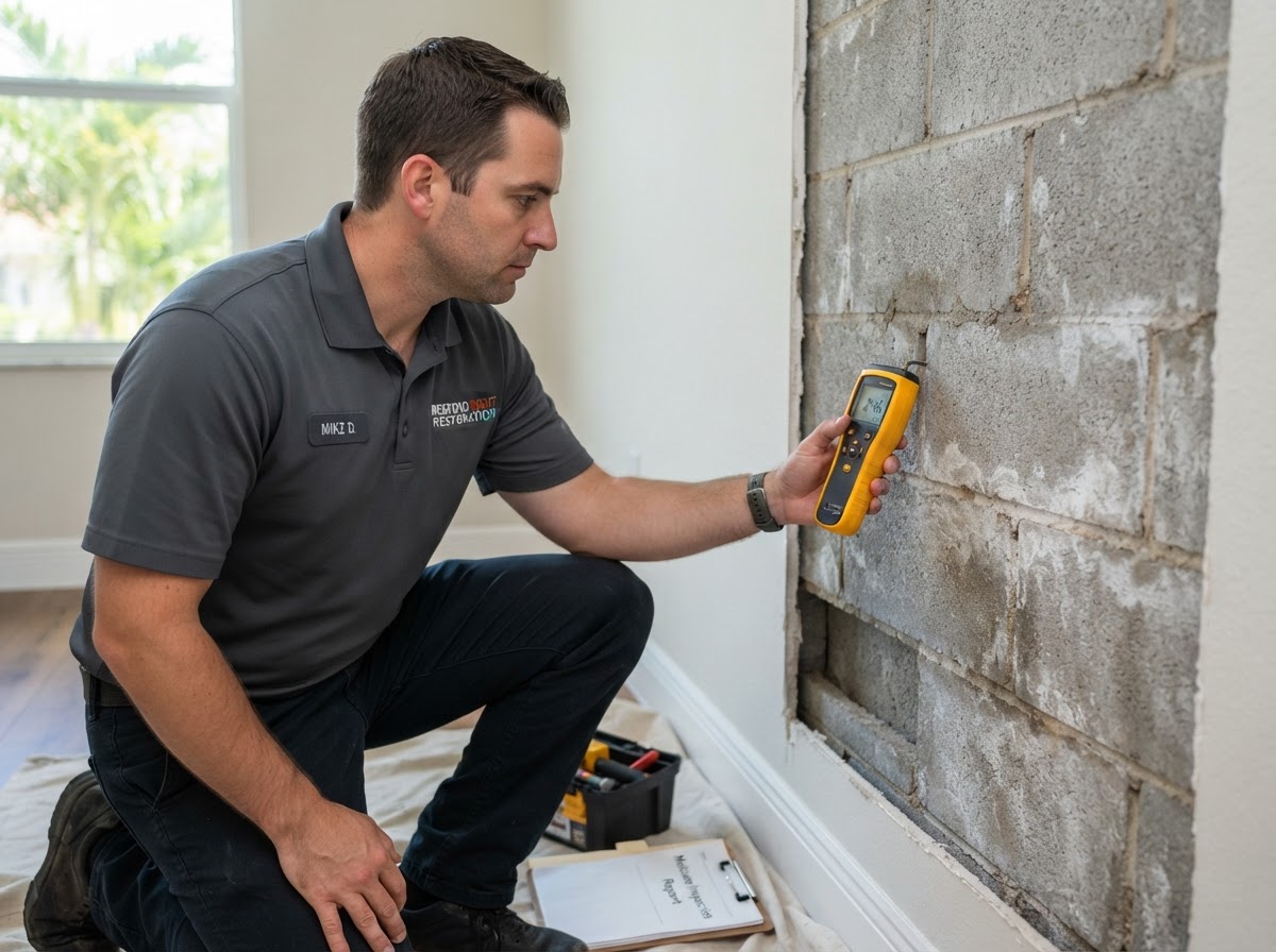 Restoration technician using a moisture meter against an exposed concrete masonry block wall to assess trapped moisture after water intrusion