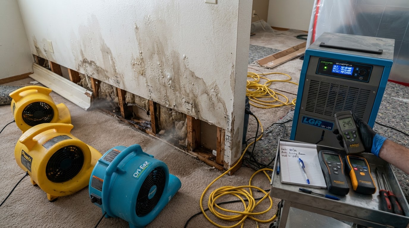 Commercial air movers directed at a wet drywall wall and a dehumidifier positioned inside a water-damaged home during structural drying