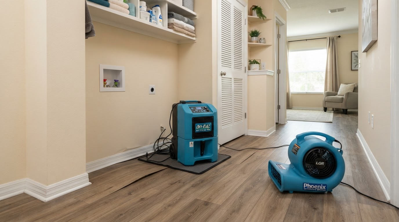 Well-maintained manufactured home interior with water-affected flooring and professional drying assessment equipment in place