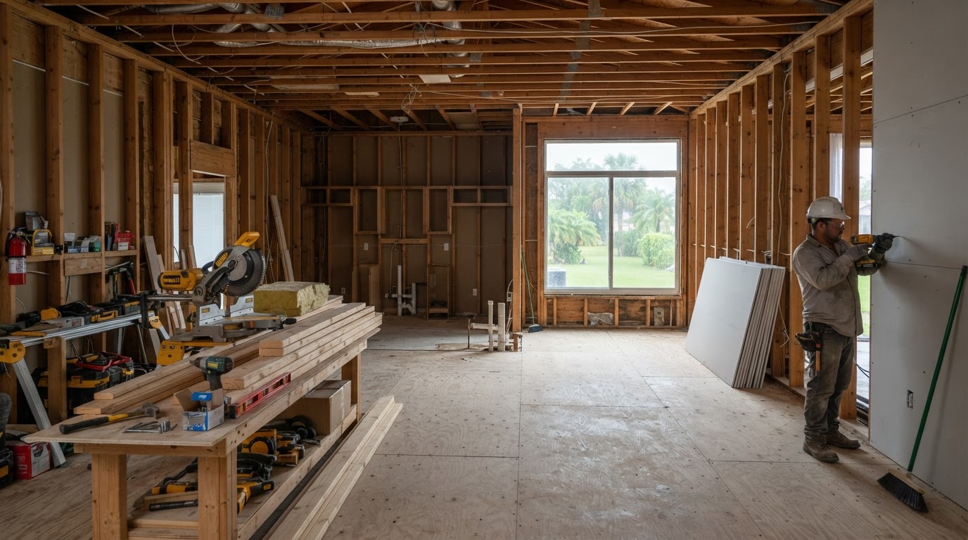 Representative interior in Cape Coral with exposed framing and removed drywall during the reconstruction stage