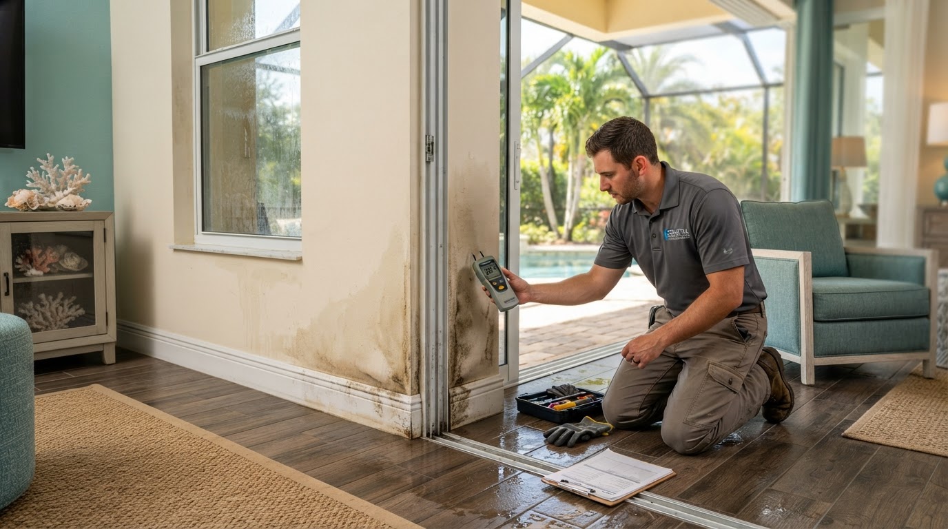 Sliding glass door and window water intrusion restoration in a South Venice home interior with a technician assessing water-stained drywall and damp flooring near a patio door