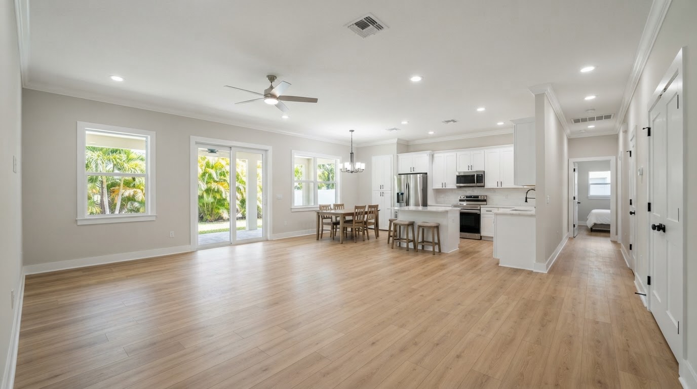 Representative same interior in Englewood fully rebuilt after reconstruction with installed drywall and finished flooring