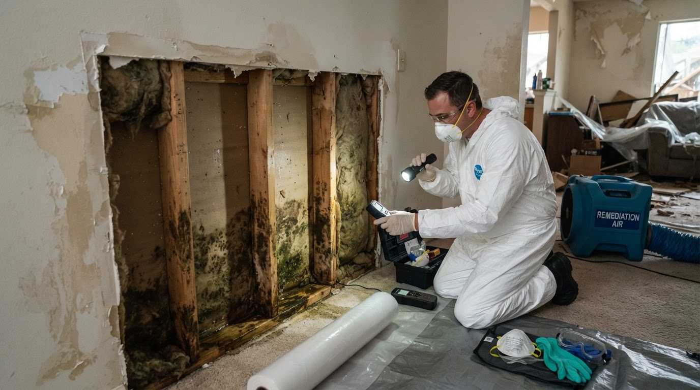 Interior wall opened for professional assessment revealing water-damaged drywall and suspected mold-like growth discovered after hurricane storm damage