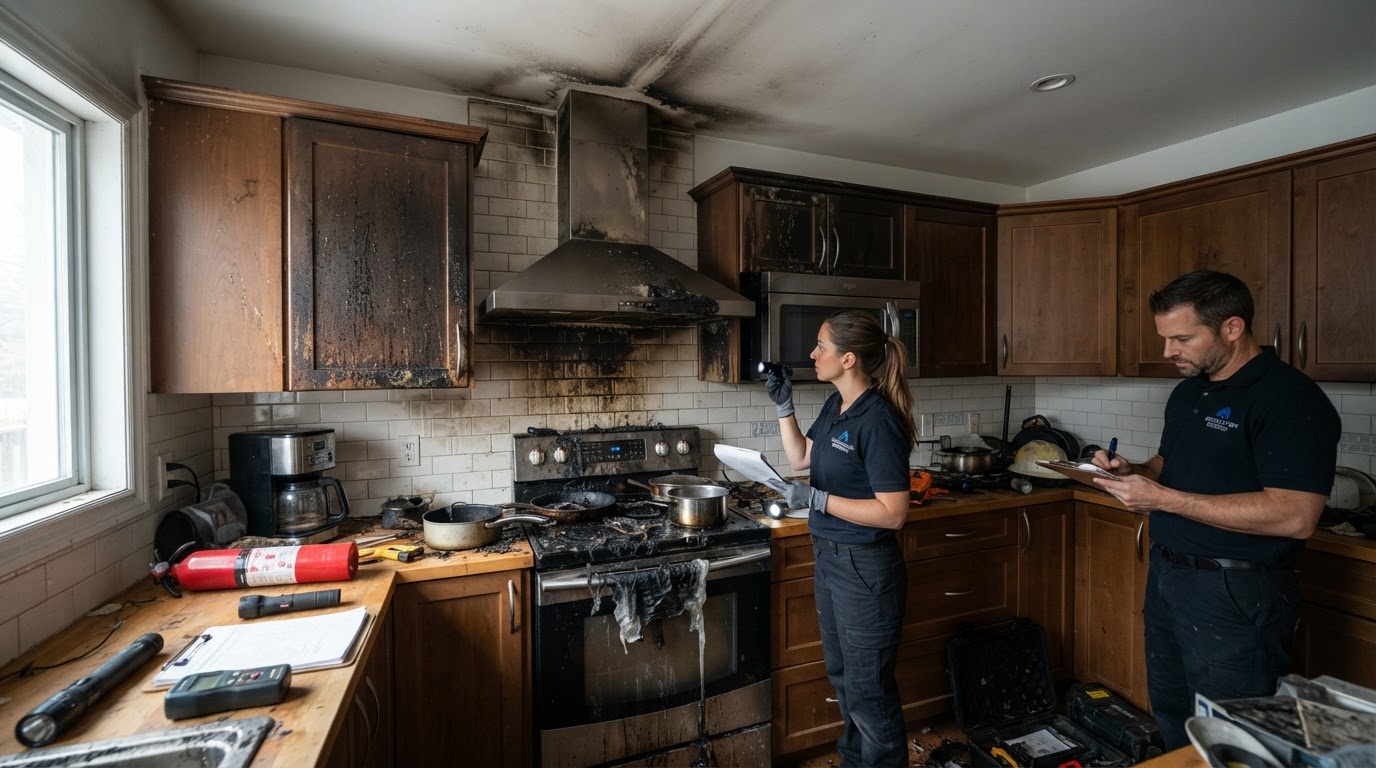 Residential kitchen interior after a cooking fire showing soot-stained cabinets and a discolored ceiling