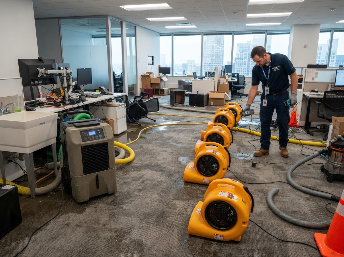 Commercial water damage restoration equipment inside an affected business property