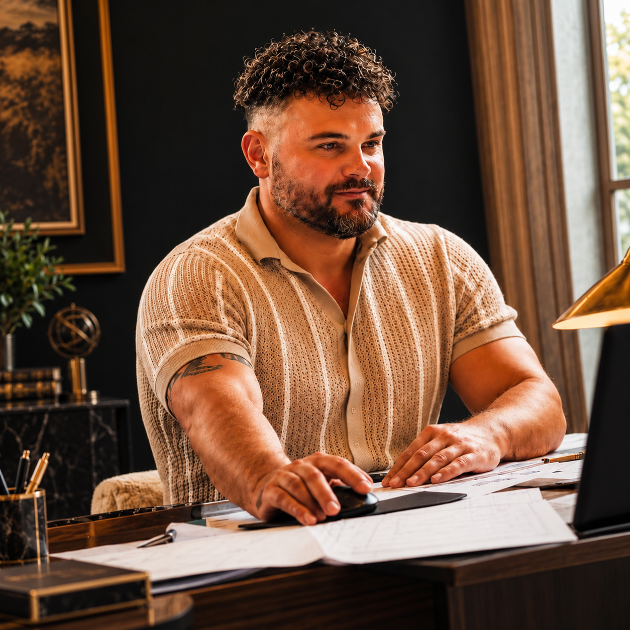 Will Hinchliffe at his desk reviewing construction plans