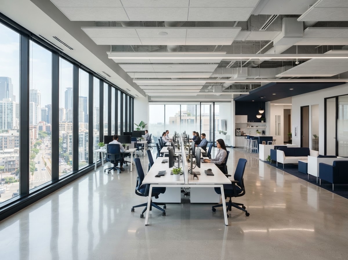 A pristine, freshly cleaned modern commercial office interior