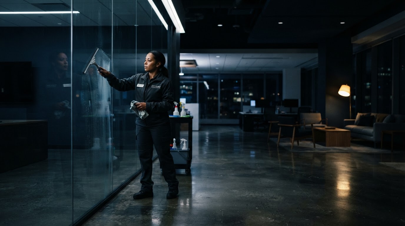 Commercial cleaning technician cleaning a glass partition in a modern office at night