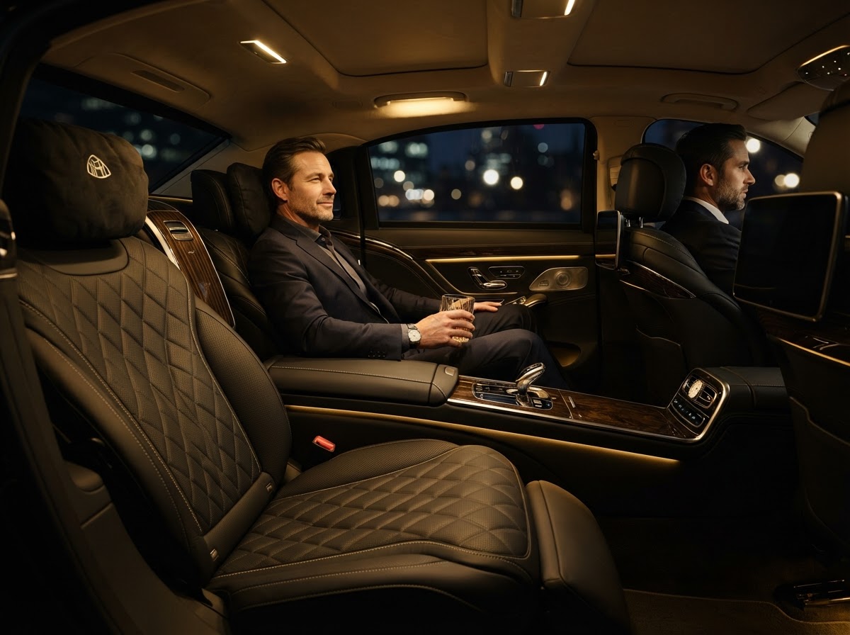 Luxury chauffeured car interior with black leather seats and warm gold lighting