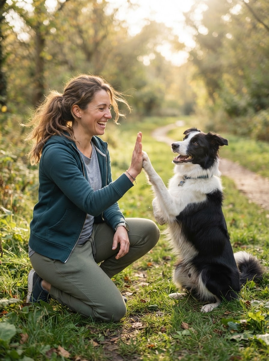 A person and their dog practising a high five together