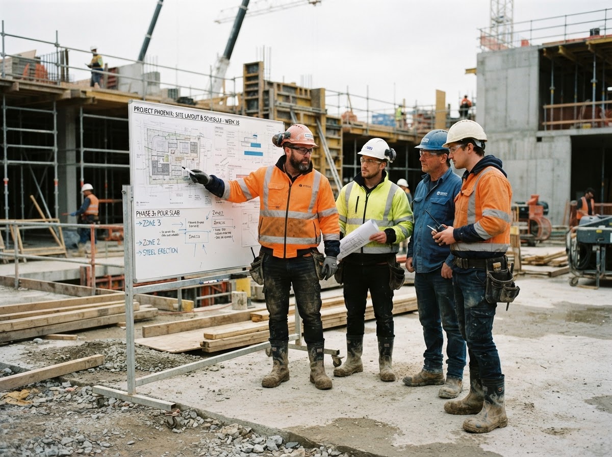 Grupp arbetare i samtal kring ritningar och whiteboard på byggarbetsplats