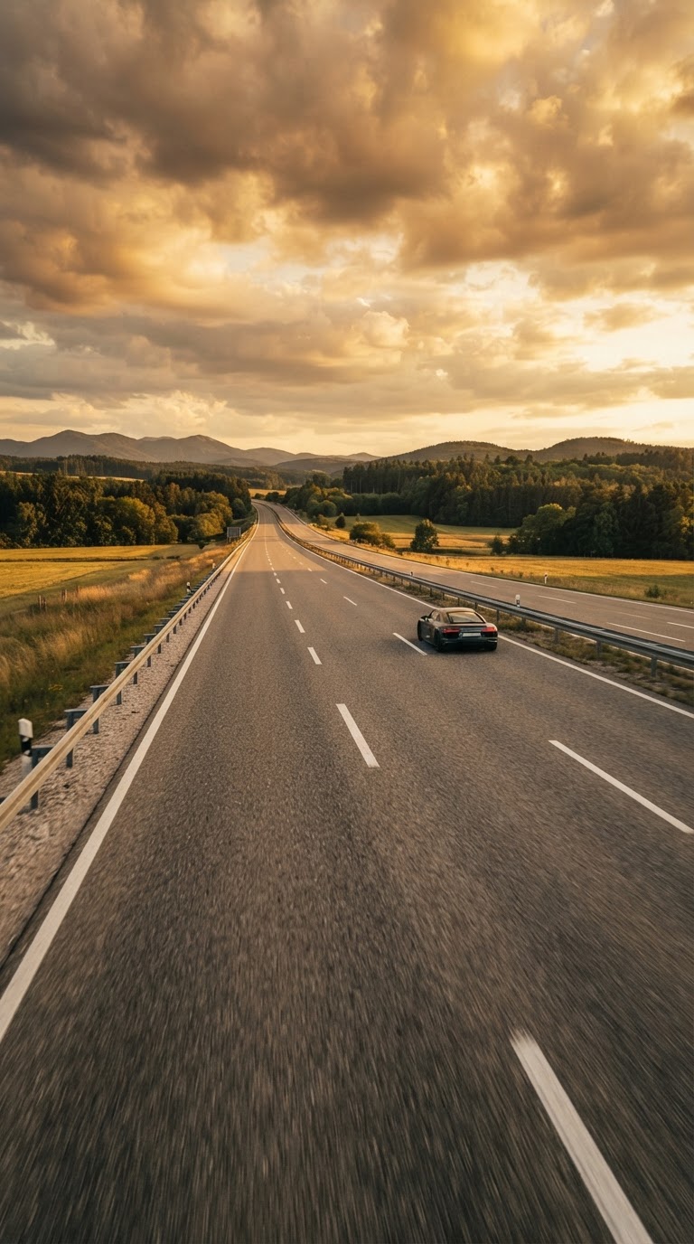 Autobahn mit frei fahrendem Auto bei Sonnenuntergang