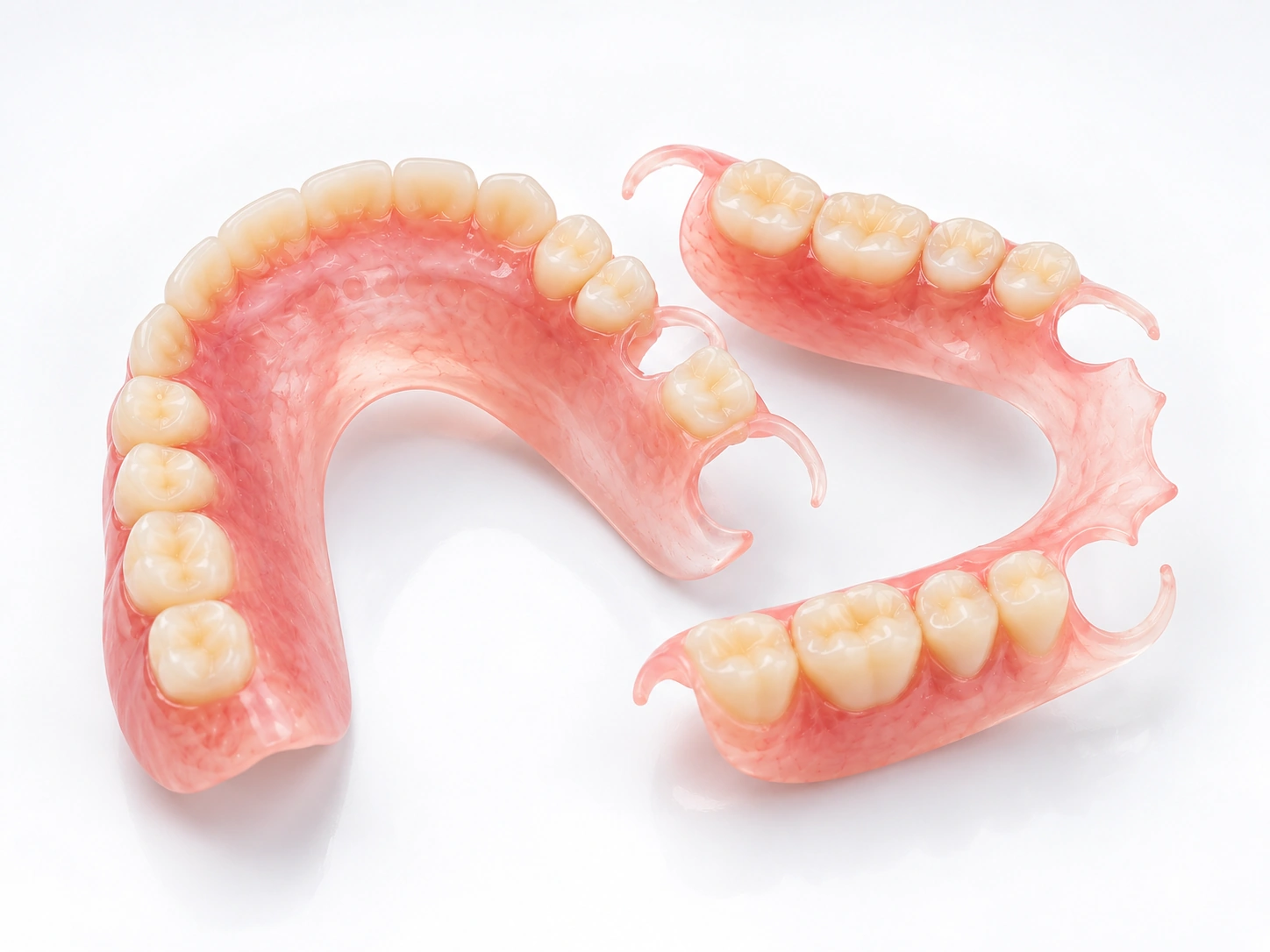 Flexible partial dentures displaying tissue-coloured nylon clasps on a white background