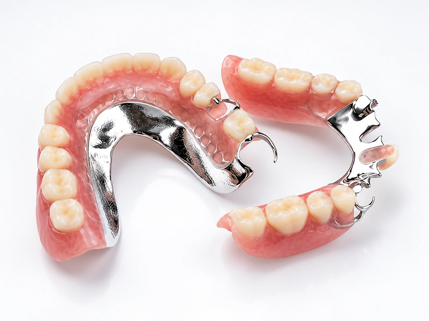 Cast metal chrome and acrylic partial dentures on a white background